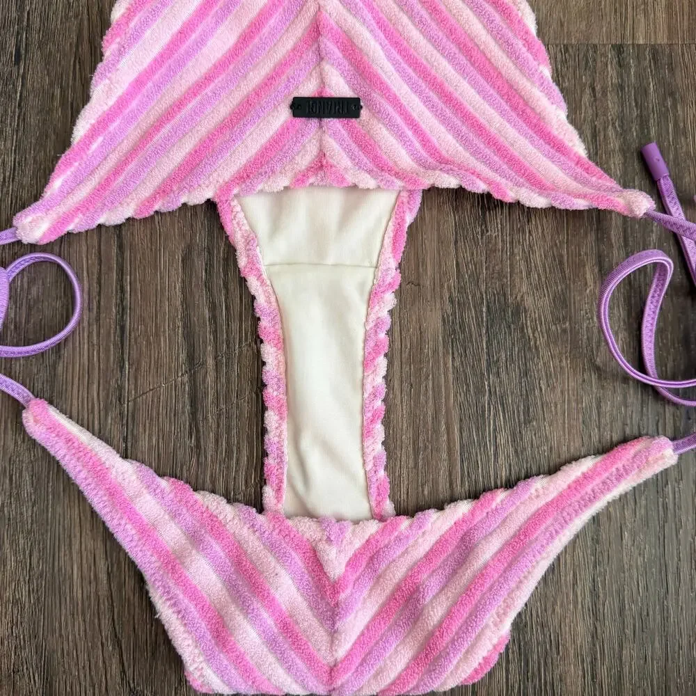 Triangl Swimwear Vinca Lotus Pink Stripe Terry Toweling Bikini Set Size Small